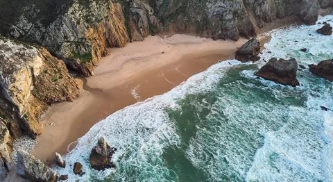 Capo da Roca is the westernmost point in Europe. Aerial view of Aroeira beach. Stock Photos