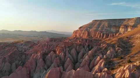 Cappadocia aerial drone view to Red and Rose valley rocks, Goreme Turkey Stock Footage 150734712