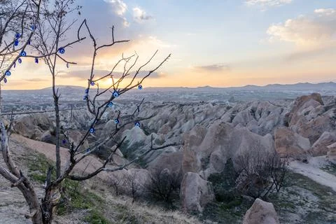Cappadocia evil eye tree overlooking Red Valley landscape in Turkey Stock Photos