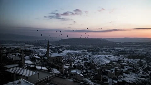 Cappadocia - Winter Morning Timelapse with Balloons Stock Footage