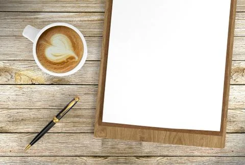 Cappuccino coffee cup with blank papers on clipboard and ballpoint pen Stock Illustration