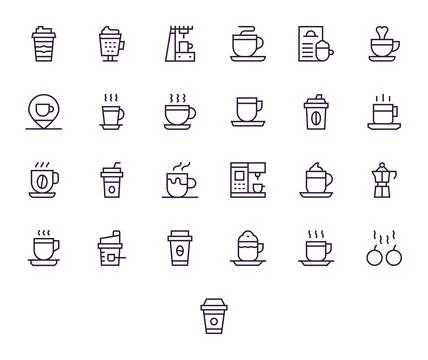 Cappuccino Design Vector Icons featuring 25 Grid Fitted Regular Line Style Stock Illustration