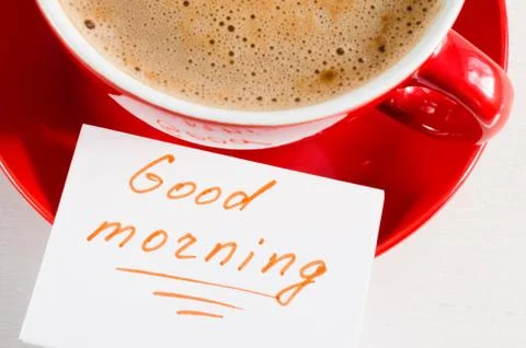 Cappuccino Mug and Notes Good Morning. Stock Photos