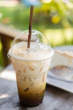 Cappuchino iced coffee on table Stock Photos