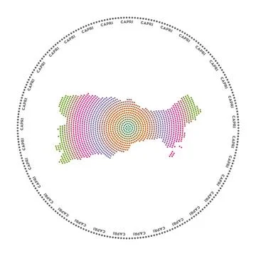 Capri round logo. Digital style shape of Capri in dotted circle with island.. Illustrazione stock