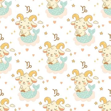 Capricorn seamless pattern with cute sea goat design Illustrazione stock