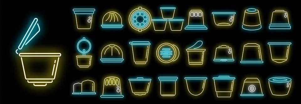 Capsule coffee icons set vector neon Stock Illustration