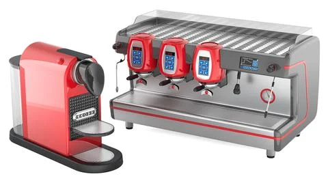 Capsule coffee machine and triple group espresso maker. 3D rendering Stock Illustration