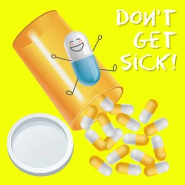 Capsule with face expression and pill bottle spilling capsules Stock Illustration