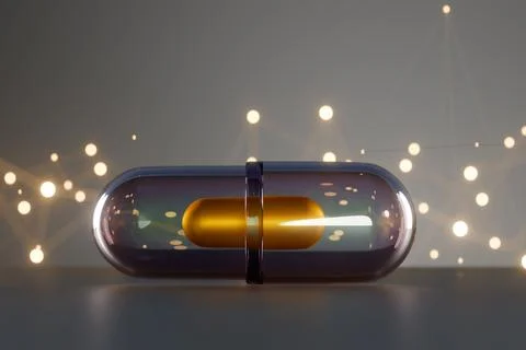 Capsule with golden pill inside surrounded by glowing light particles Illustrazione stock
