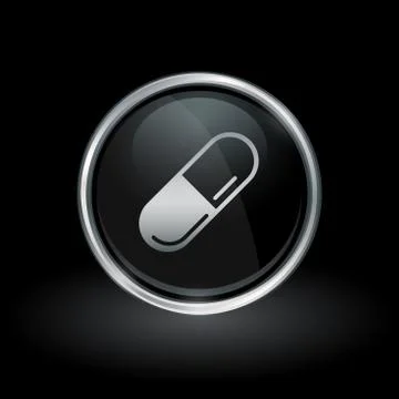 Capsule icon inside round silver and black emblem Stock Illustration