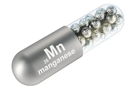 Capsule with manganese Mn element, 3D rendering Illustrazione stock
