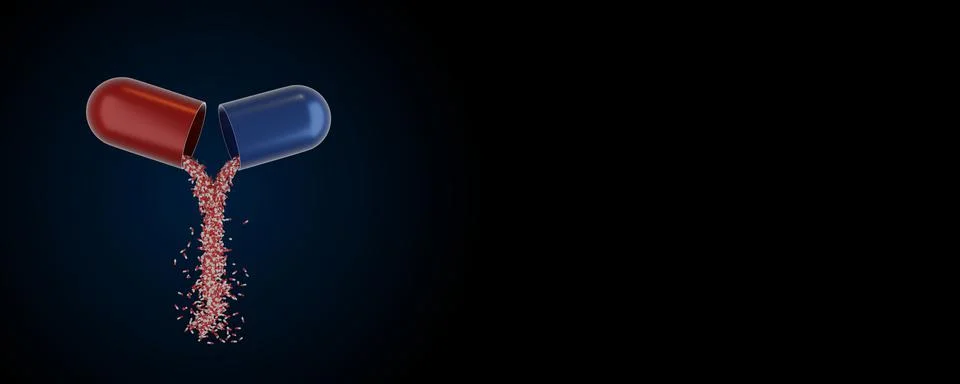 Capsule medicines fall from big separates capsule 3D render illustration bann Stock Illustration