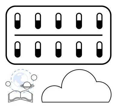 Capsule pack with 10 capsules, a cloud shape, and an open book with a planet  Illustrazione stock