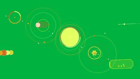 Capsule passing rings central disc pulsing clusters linking with orbiting dots Stock Footage 333907672