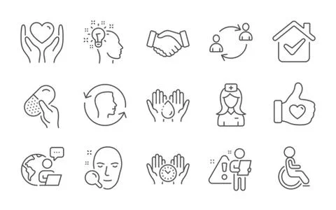 Capsule pill, Disabled and Safe time icons set. Handshake, Face search and User Stock Illustration