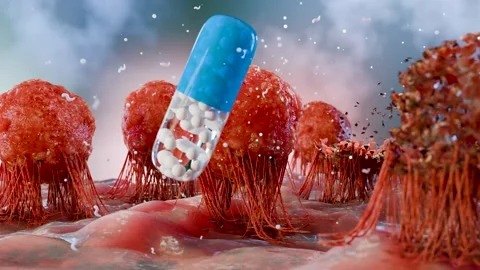 Capsule Pill Fighting and Destroying Cancer Cells or Viruses Inside Human Body Stock Footage 317296433