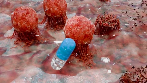 Capsule Pill Fighting and Destroying Cancer Cells or Viruses Inside Human Body Stock Footage 317296519