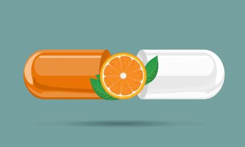 Capsule pill mock up with orange fruit and leaf for hand drawn cartoon style Stock Illustration
