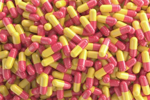 Capsule pill red and yellow background 3D Rendering Stock Illustration