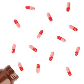 Capsule pills. 3d render. Multicolored capsule pills. Medication to relieve Иллюстрация