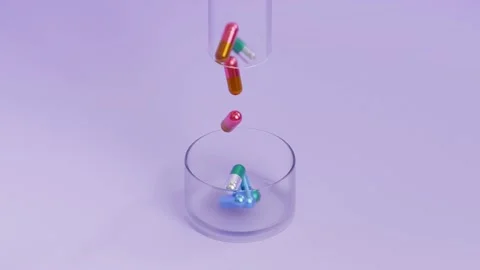 Capsule pills falling from test tube to Petri dish, healthcare medical concept Stock Footage 197571076
