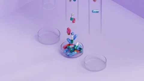 Capsule pills falling from test tubes to Petri dish, healthcare medical concept Stock Footage 197571077