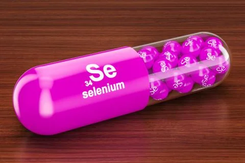 Capsule Se selenium on the wooden table. 3D rendering Stock Illustration