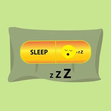 Capsule with a sleeping emoticon on a pillow, sleeping pill concept Stock Illustration