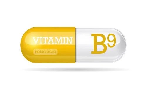 Capsule vitamin B9 structure orange and white . Beauty concept. 3D Vector Ill Stock Illustration