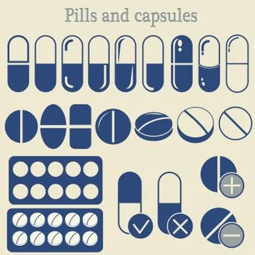 Capsules and pill icon set Illustrazione stock