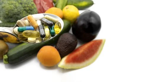 Capsules and pills of nutritional supplements and fresh vegetables and frui.. Stock Photos