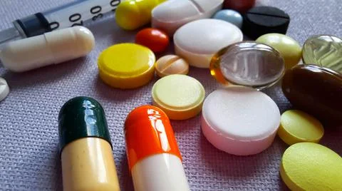 Capsules and tablets close-up Foto stock