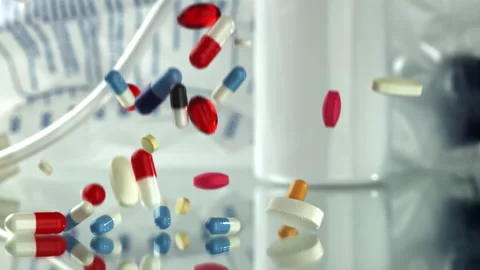 Capsules and tablets on laboratory scale Filmed on a high-speed camera at 1000 Stock Footage 335422670