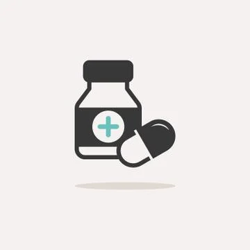 Capsules bottle. Icon with shadow on a beige background. Pharmacy vector illu Stock Illustration