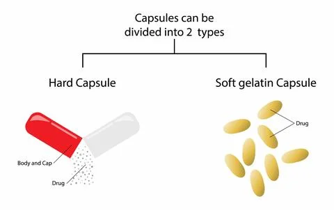 Capsules can be divided into 2 types, treatment of illness Stock Illustration