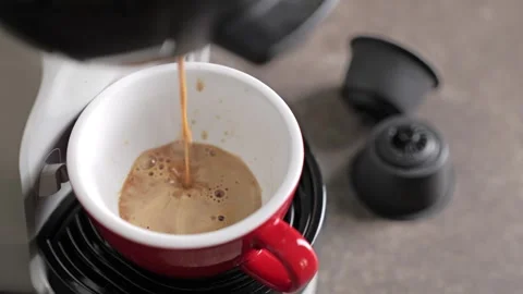 Capsules coffee machine pouring portion hot coffee Stock Footage 249606811