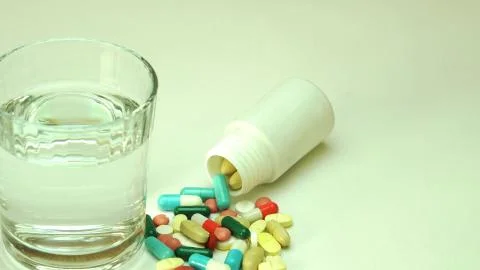 Capsules, pills, tablets on white table, top view. Stock Photos