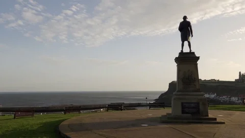 Captain cook monument at Whitby town UK stock footage Stock Footage