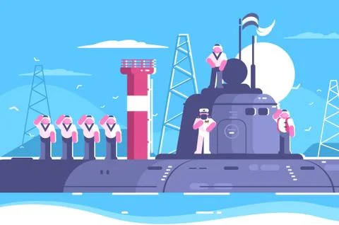Captain with crew on submarine Stock Illustration