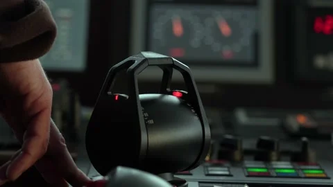 Captain drives ship by azimuth controller. Hand turns joystick of azipod control Stock Footage 219021816