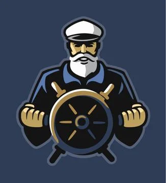 Captain emblem with steering wheel on dark background Illustrazione stock