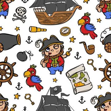CAPTAIN HOOK And Black Sails Cartoon Seamless Pattern Print Stock Illustration