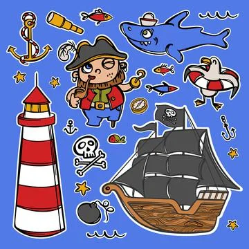 CAPTAIN HOOK AND LIGHTHOUSE Pirate Sticker Vector Collection Stock Illustration