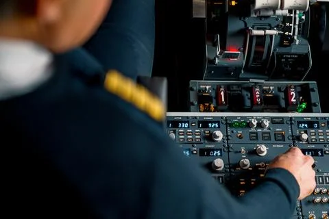 The captain presses the buttons on the control panel to start the engine of the Stock Photos