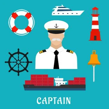 Captain profession and nautical flat icons Stock Illustration