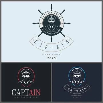 Captain sailor seaman face head ship wheel silhouette logo set Stock Illustration