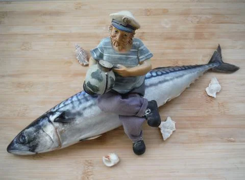 The captain of the ship with a beard and a globe in his hands sits on a fish. Stock-Fotos