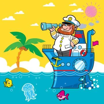Captain on a ship sailing on the sea Stock Illustration