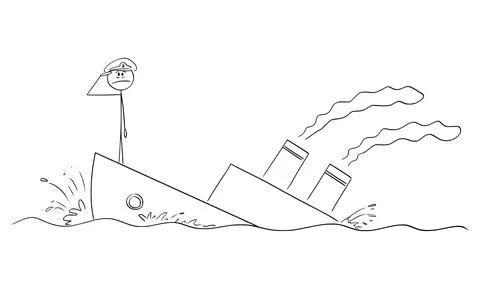 Captain of the Sinking Ship or Boat Saluting, Vector Cartoon Stick Figure Stockillustratie